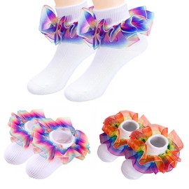 WBZOTSS Girls Ruffle Princess Style Dress Socks Turn Cuff Shimmering Big Ruffle Rainbow Lace Socks for Infant Kids 1-10T (as1, age, 6_years, 8_years, 2 Pairs of Colored Socks)