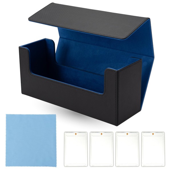 (Supervised by Active Card Collectors) Magnetic Loader Case, Deck Trading Card Storage Loader, PU Leather, ALBERSI (4 Magnetic Loaders + Cross Included) (Blue)