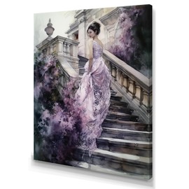 DesignQ Purple Traditional Canvas wall art, Woman Romantic Wall Art, Beautiful Lady by the Stairs I, Woman Romantic Wall art decor, 12x20 inches