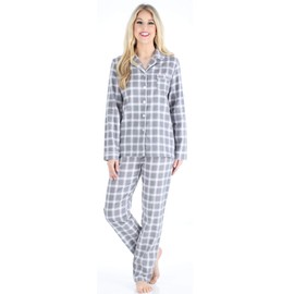 PajamaMania Women's Cotton Flannel Long Sleeve Button-Down Pajamas PJ Set, Grey Plaid, Small