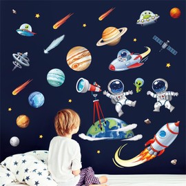decalmile Outer Space Planets Wall Decals Rocket Astronaut Spacecraft Alien Wall Stickers Baby Nursery Kids Bedroom Living Room Wall Decor