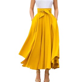 Womens High Waisted Tummy Control Elegant Flowy Long Skirt Solid Color A-line Swing Maxi Skirt(UK 16/Tag 2XL) Yellow