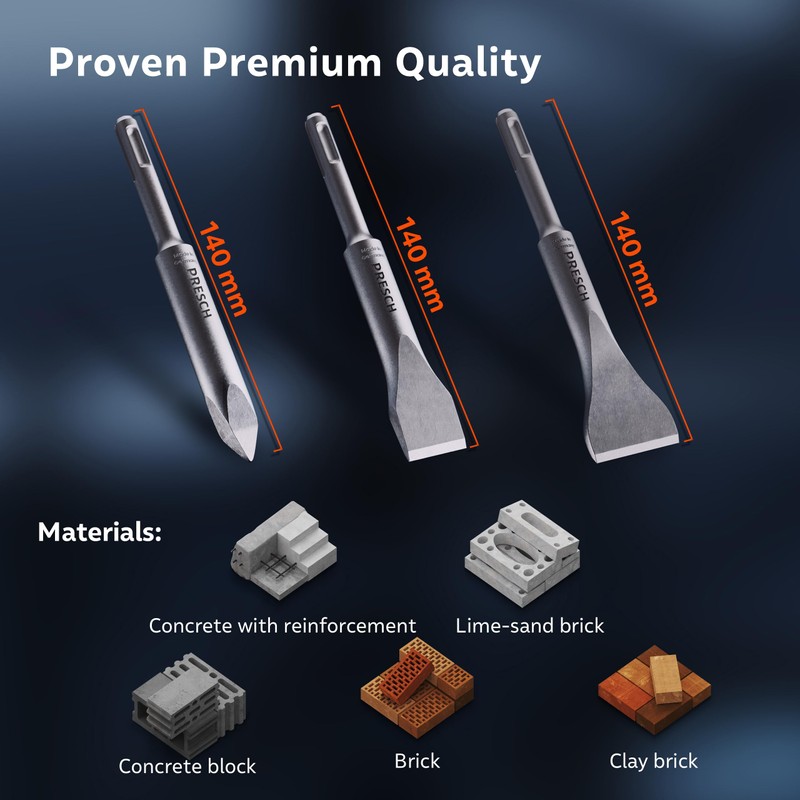 Presch SDS-Plus Chisel Set 3pcs. | Flat Chisel, Wide Chisel,