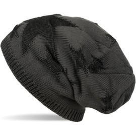 styleBREAKER Warm fine knit beanie hat with stars, fleece lining, slouch long beanie, winter, unisex, 04024121, darkgray