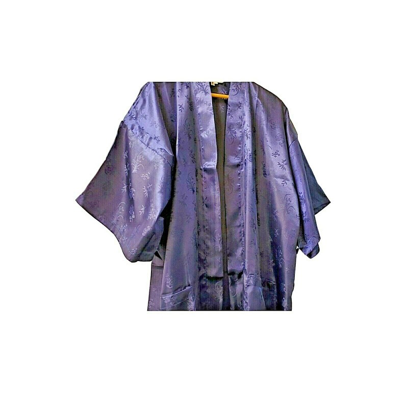 Handmade Navy Blue Floral Bath Robe Kimono 50" (125cm) Soft
