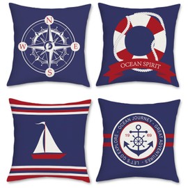 Bonhause Nautical Sailing Cushion Covers 45 x 45 cm Double Sided Compass Sailboat Anchor Decorative Throw Pillow Covers Linen Pillowcases for Sofa Bed Indoor Outdoor Decor Set of 4