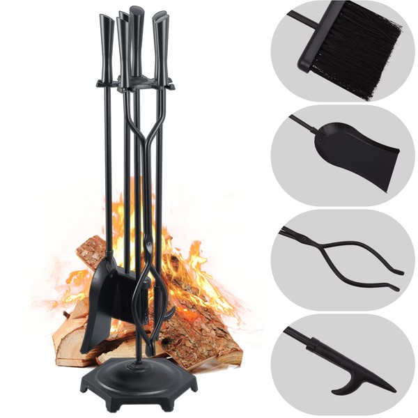 FEED GARDEN Fireplace Tools Set 5 Pieces Modern 32 Inch Outdoor Wrought Iron Fireplace Accessories Set with Log Holder Poker, Tong, Shovel, Brush, Base, Black