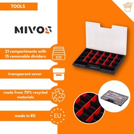 Mivos Assortment Box 12 Inch for Accessories and Small Parts - Screw Box with 21 Compartments for Storage - Assortment Box 290 x 195 x 35 mm - Sorting Box - Made in EU