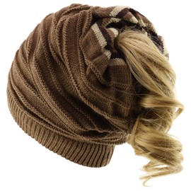 Armycrew Women's Patterned Knit Slouchy Long Reversible Ponytail Beanie - Brown2