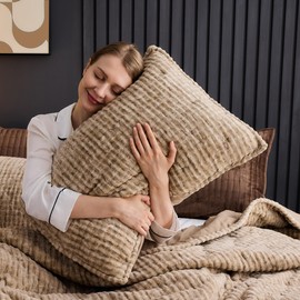 Wonderful Velvet Quilt Queen Size Set, Luxurious Fluffy Faux Fur Lightweight Comforter with Shams, Fuzzy Bedding Cloudy Touch Soft Coverlet, Back Embroidery Machine Washable (Light Taupe, Queen)