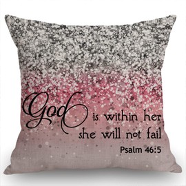 Swono Bible Verse Throw Pillow Cover Psalm 46:5 God is Within Her,She Will not Fail Farmhouse Cushion Case for Sofa Couch 18x18 Inches Cotton Linen