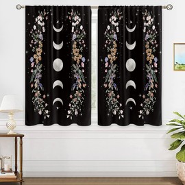 oolygoo Boho Black Floral Window Curtains Flower Moon Phase Rod Pocket Plant Wildflower Whicy Gothic Botanical Curtain Drapes Herb Curtains for Bedroom Living Room Treatment 2 Panels 42Wx63H Inch