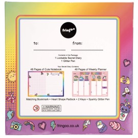 Fringoo - Glitter Girls Secret Diary with Glitter Star Pen, 2 Keys, Heart Padlock and Matching Bookmark | Beautiful Girls Notebook and Pen Set for Secrets | Glitter Unicorn
