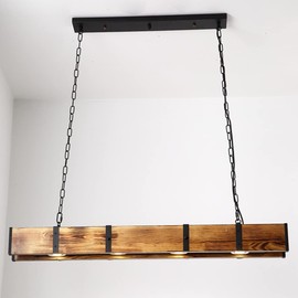 Farmhouse Wooden Light Fixtures Kitchen Island Pendant Lamp Retro Wood and Metal Hanging Light for Living Dining Room Bar Cafe, 4 Lights, 39.4X 3.1x 3.7in