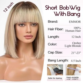 EMMOR Human Hair Wig for Women 100% Human Hair Bob Wig with Bangs Shoulder Length Wigs-Natural Appearance for Everyday(Ombre Light Blonde#)