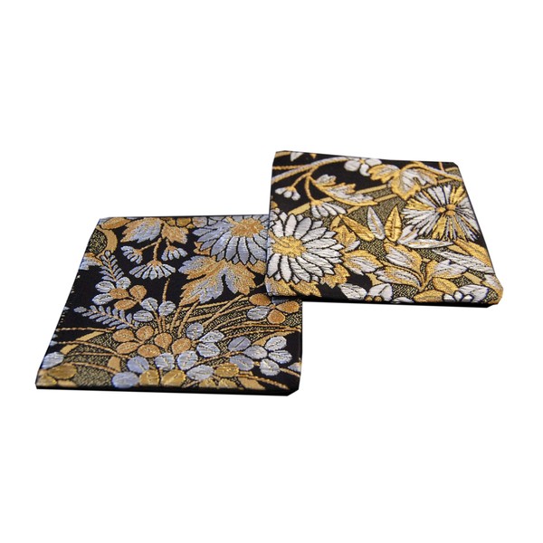 SHINSENDO Kimono Coasters Japanese Traditional Fabrics Kinran Set of 2 (Pattern Name: Gold Flowers）