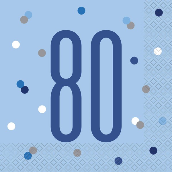 Unique 83562 Blue Polka Dots 80th Birthday Luncheon Napkins Disposable | 16 Pcs, Age 80