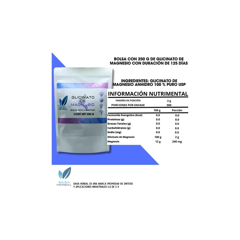 Glicinato Magnesio 100 Puro Bolsa 250g Saisa Herbal