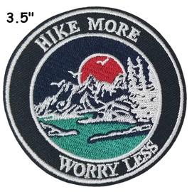 Hike More Worry Less 3.5" Embroidered Premium Patch DIY Iron/Sew-on Decorative Vacation Souvenir Applique Mountain Stars Bear Wolf Wander Camp Hike Trail Name Tag Custom Explore Nature National Park