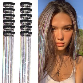 12Pcs Hair Tinsel, 20.5 Inch Clip in Hair Extension Rainbow Hair Tinsel Fairy Hair Tinsel Kit Rainbow Hair Extensions Clip Glitter Hair Extension for Women Girls Party Hair Accessories