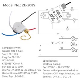 Zing Ear ZE-208S 3 Speed 4 Wire Fan Switch - Pull Chain Speed Control Switch for Ceiling Fans, Wall Lamps, Cabinet Light - Brass 1PCS