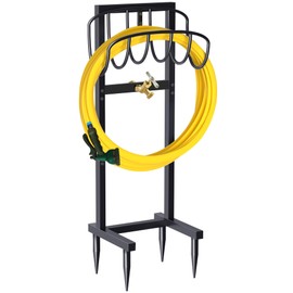 Artigarden Outdoor Garden Hose Holder Freestanding with Brass Faucet And 4 Spikes, Heavy Duty Metal Water Hose Reel Stand Hanger Rack Organizer Holds Storage 150ft Hose for Outside Yard Lawn, Black