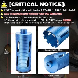 DaduoRi 5" Dry Core Drill Bit, 5/8"-11 Thread, with 3 Adapters Included: SDS Plus, SDS Max and 1/2" Hex Abor, 9.5" Drilling Depth Diamond Concrete Core Bits for Brick, Block, Stucco, Masonry