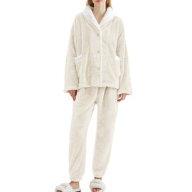 Gihuo Womens Pajamas Set Fluffy 2 Piece Pjs Fuzzy Top Pants Loose Coral Fleece Loungewear Sleepwear Winter Warm Pj(Beige-L)