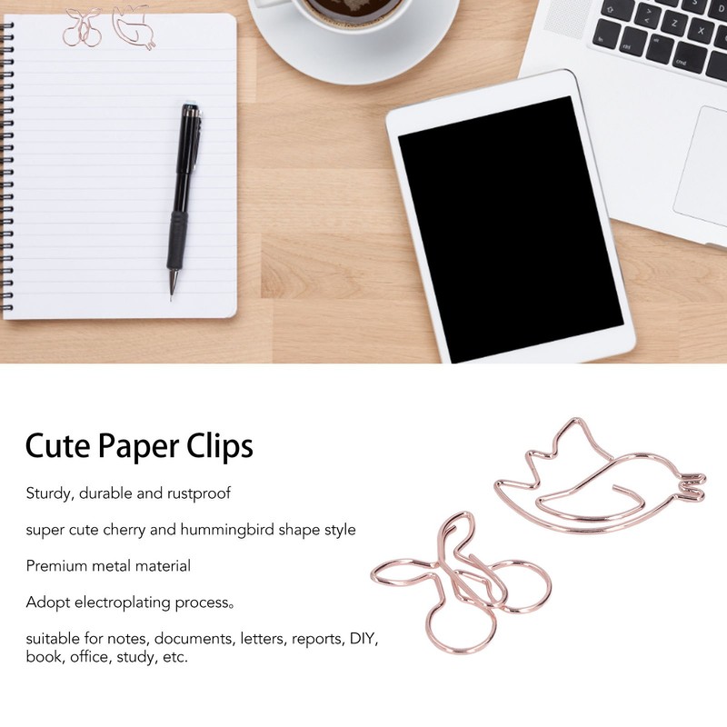 100Pcs Cute Paper Clips Cherry Hummingbird Style Electroplated Metal Gold