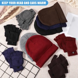 Geyoga 5 Sets Winter Beanies and Gloves 5 Warm Knitted Hats 5 Pairs Flip Fingerless Mittens Cold Gift for Men Women