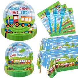 162Pcs Train 2nd Birthday Decorations, Including Paper Plates Napkins Forks Tablecloth Chugga Chugga Two Two Birthday Party Decorations for Boys Transportation Party Supplies, Serve 40