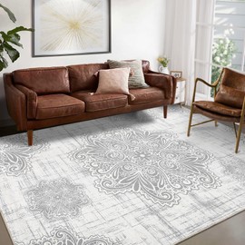 FairOnly Area Rug 9x12 Large Washable Rug Boho Floral Area Rugs Stain-Resistant Rugs for Living Room Bedroom,Non Slip Non-Shedding Rug Vintage Home Decor Rug,9x12 Grey