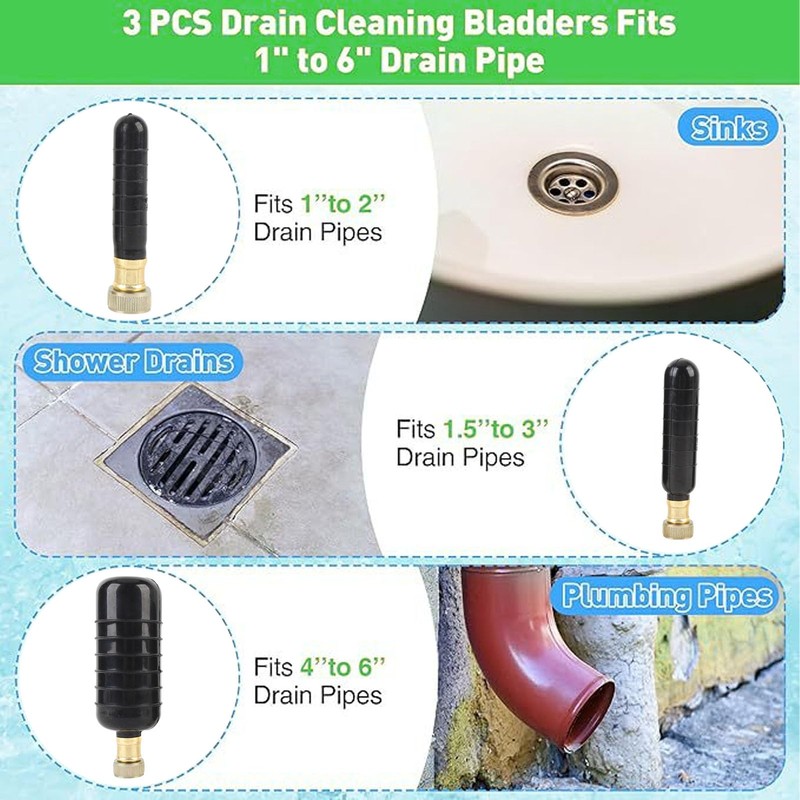 Cryfokt Drain Bladder Kit, 3PCS Rubber Drain Cleaning Bladder Unclogger