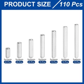 sourcing map 110Pcs 1 Set of 7 Sizes Dowel Pins 304 Stainless Steel Support Shelves Pegs Fasten Elements Assortment Kit, Silver