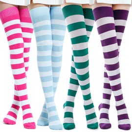 Kayhoma Extra Long Cotton Stripe Thigh High Socks Over the Knee High Socks, 4 Pairs…