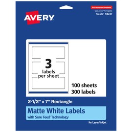 Avery Matte White Rectangle Labels with Sure Feed, 2.5" x 7", 300 Matte White Printable Labels