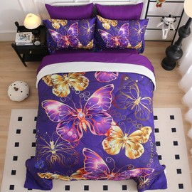 Jameswish 7 Piece Butterflies Comforter Set Full Size 3D Gold Violet Butterflies Bedding Set for Kids Girls Women for Birthday Christmas Gift