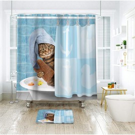 Riyidecor Funny Cat Shower Curtain 72Wx72H Kids Cute Cartoon Blue Bathing Animal Kitten Yellow Rubber Duck Head 12 Pack Fabric Hooks Wrapped Bath Towel Blue Decor Fabric Polyester