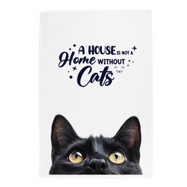 Peeping Cat Tea Towel - A House is not a Home Without Cats - Black Cat Gift Panama Cotton Kitchen Dish Towel/Drying Cloth - 67cm x 45cm