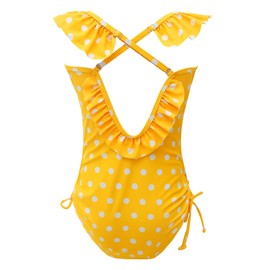 qyqkfly Girls One Piece Polka Dot or Flower Adjustable Bathing Suits with Ruffle Around（Yellow dot 8-10 Years