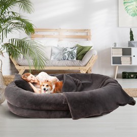 Fvkind Human Dog Bed for Adult, 71"x51"x12" Washable Orthopedic Human Size Dog Bed, Faux Fur Removable Adult Dog Bed for Humans Doze Off, Cozy Large Human Dog Bed Present Blanket and Pillow, Dark Grey