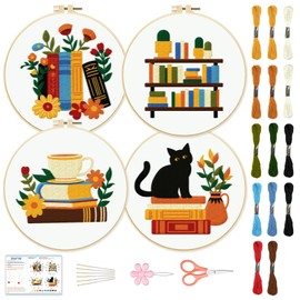 BEUNITONE Flower Embroidery Kit for Beginners 4 Pack Embroidery Starter Kit for Adult Cat Plant Books Pattern Stamped Cross Stitch Set with Instructions Embroidery Hoops Easy for DIY Craft 7.9''