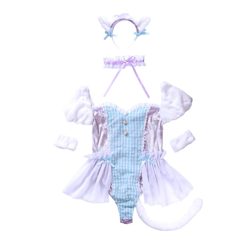 Clearstone Macaron Cat Cosplay Halloween Check Leotard Women's Blue