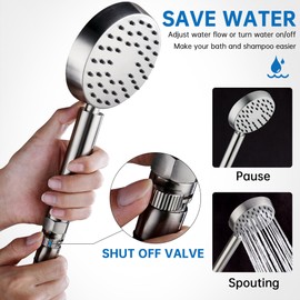 G-Promise Solid Metal Brushed Nickel Handheld Shower Head With Extra Long Stainless Steel Hose & Water Saving On/Off Pause Valve, Modern Style, 1 Setting, 10 Year Warranty