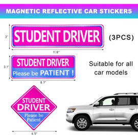 KVAEY 3 PCS Student Driver Car Magnet, Magnetic High Reflective New Drivers Safety Warning Decal, Waterproof Removable Great Visual Please Be Patient Student Driver Bumper Sticker Sign (Adhesive)
