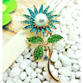 Unbranded Lovely ROYAL Blue DAISY Pearl Sun Flower RHINESTONE Necklace Pendant Brooch