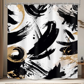 LIGHTINHOME Abstract Black White Shower Curtain 72Wx72H Inches Modern Minimalist Geometric Simple Aesthetic Gold Ink Unique Cool Fabric Waterproof Polyester Bathroom Home Decor Set with Hooks