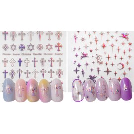 Just Stick Nail Seal Stickers Set of 2 3 Pieces Cute Decoration Jewelry Gem Line Stone Cat Flower 3D Accessory Stylish Sequin Cat Cat Cat Heart Cross Chain Gold Silver Flower Manicure Design (Cross