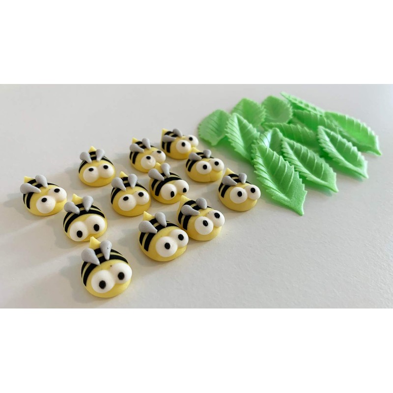 12 Gorgeous Sugar Bees & 12 Green Wafer Leaves- Edible,