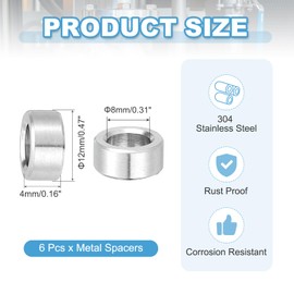 PATIKIL 6 Pcs Stainless Steel Spacers, 8mm ID x 12mm OD x 4mm Height 304 Stainless Steel Bushing Screw Standoff Unthreaded Round Spacer for 5/16" M8 Screws Bolts Nuts